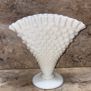 Vintage Fenton White Hobnail Milk Glass Ruffled Edge Fan Vase, 8 Inches tall